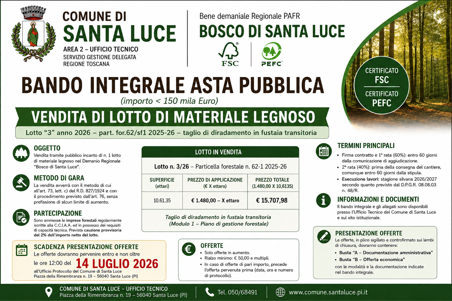 Bando di asta pubblica per la vendita di lotto di materiale legnoso – Lotto n. 3/2026